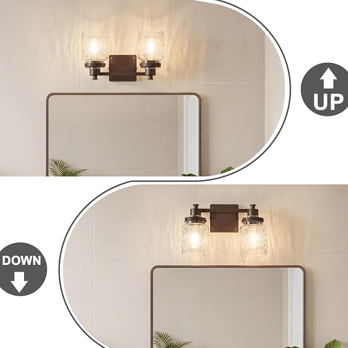 2 Light Bathroom Vanity Light Fixtures Farmhouse Oil Rubbed Bronze | ETL Certificate, Easy to Install,Wall Mount Up or Down,Hammered Glass Lampshade,E26 Socket,Hardwired,120V