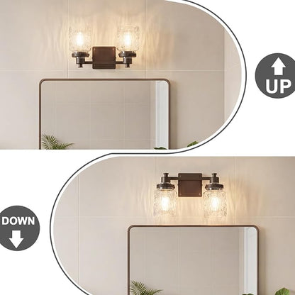 2 Light Bathroom Vanity Light Fixtures Farmhouse Oil Rubbed Bronze | ETL Certificate, Easy to Install,Wall Mount Up or Down,Hammered Glass Lampshade,E26 Socket,Hardwired,120V