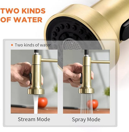 OWOFAN Kitchen Faucet, Kitchen Faucets with Pull Down Sprayer Sus304 Stainless Steel Industrial Single Handle One Hole Faucet for Farmhouse Camper Laundry Utility Rv Wet Bar Sinks Bushed Gold 9009J