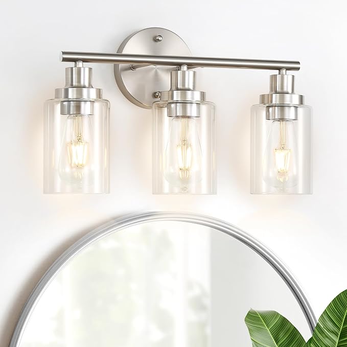 Vanity Wall Light Fixtures, Modern 3 Lights Wall Sconce with Clear Glass Shade, Brushed Nickel Farmhouse Wall Lamp for Bathroom Mirror Kitchen Porch Living Room Workshop (E26 Base) | Modern Wall Sconce with Clear Glass Shade, Brushed Nickel Farmhouse W...