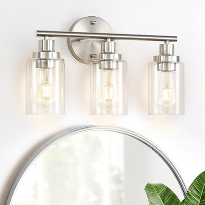 Vanity Wall Light Fixtures, Modern 3 Lights Wall Sconce with Clear Glass Shade, Brushed Nickel Farmhouse Wall Lamp for Bathroom Mirror Kitchen Porch Living Room Workshop (E26 Base) | Modern Wall Sconce with Clear Glass Shade, Brushed Nickel Farmhouse W...