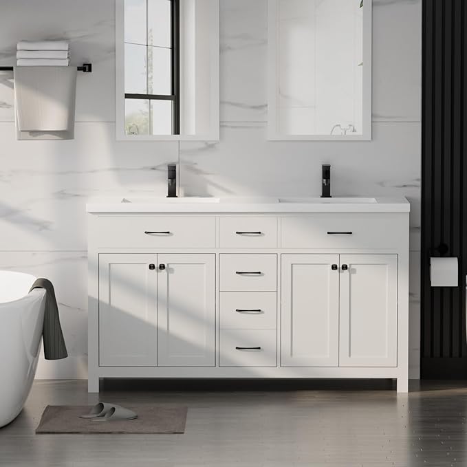 LUCKWIND 60" Bathroom Vanity and Sink Combo, Painted Modern Bathroom Storage Cabinet with Double Large Sink, Four Doors and Three Drawers, Include Faucet, Without Mirror, White