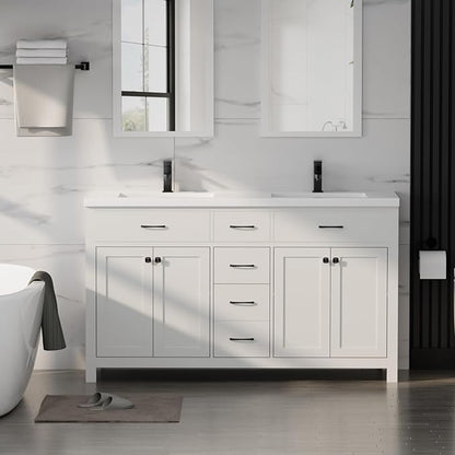 LUCKWIND 60" Bathroom Vanity and Sink Combo, Painted Modern Bathroom Storage Cabinet with Double Large Sink, Four Doors and Three Drawers, Include Faucet, Without Mirror, White