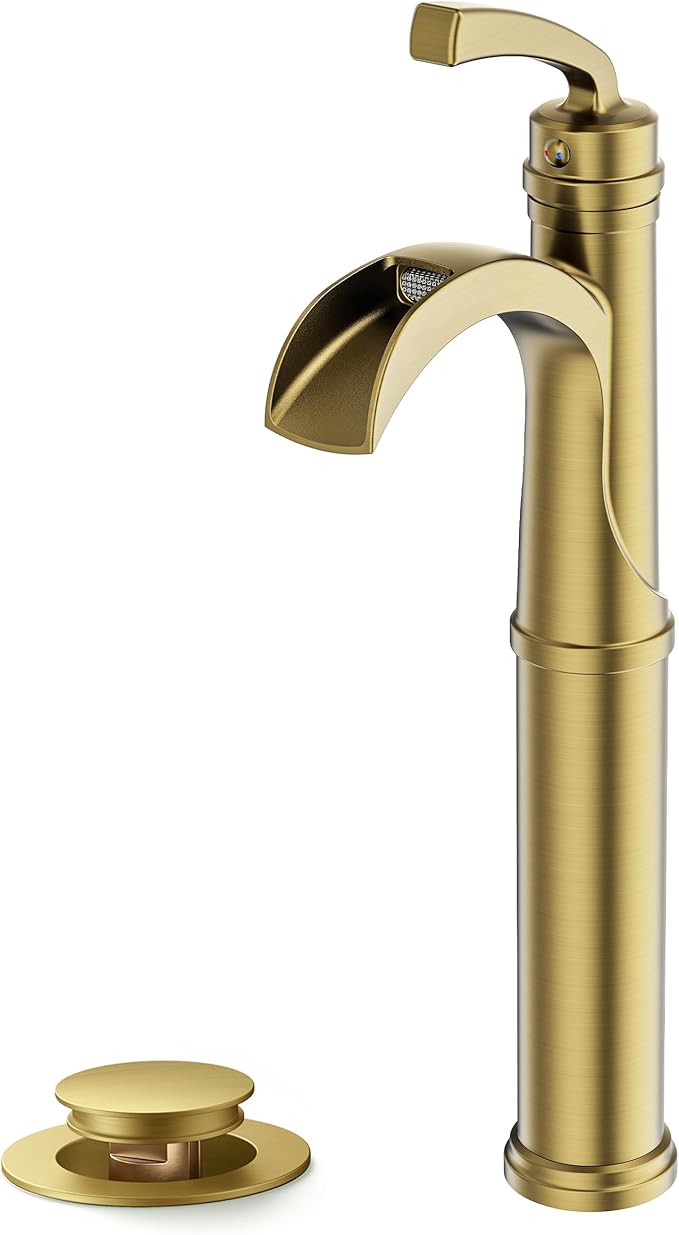 Forious Vessel Sink Faucet Bathroom Brushed Gold, Tall Waterfall Bathroom Faucets One Hole Single Handle Bathroom Bowl Sink Faucet Lavatory Vanity Faucets with Metal Pop Up Drain and Supply Lines