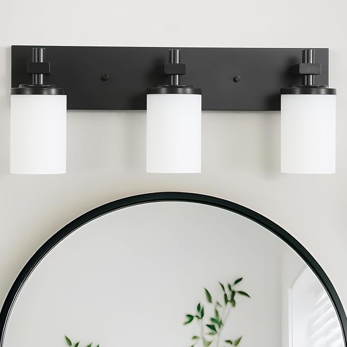 LOUSACE 3 Light Bathroom Vanity Lights Matte Black Bathroom Lighting Fixtures Over Mirror with Opal White Glass Shades, Wall Fixture Vanity Lighting