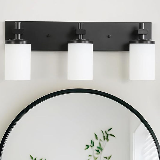 LOUSACE 3 Light Bathroom Vanity Lights Matte Black Bathroom Lighting Fixtures Over Mirror with Opal White Glass Shades, Wall Fixture Vanity Lighting