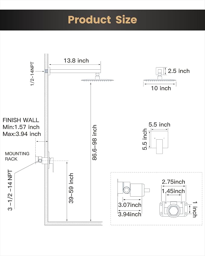 Airuida 10 Inch Chrome Polish Shower Faucet Set,Shower Valve Kit | Rainfall Shower Head and Handle Set,Female Thread Rough-in Valve Shower Kit,Single Function Shower System