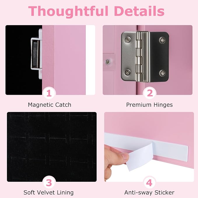 COSTWAY Full Length Mirror Jewelry Armoire, Wall Door Mounted Jewelry Cabinet Organizer with Makeup Mirror, Ring Slots and Necklace Hooks for Bedroom, Dressing Room (Pink)