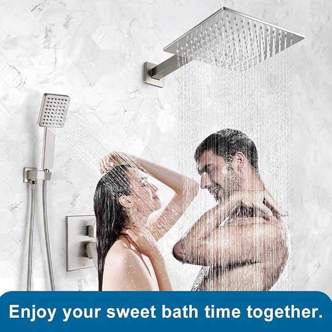 Shower Faucet Set Brushed Nickel Rainfall 10 Inch Shower Head and Handle Set Bathroom Rain Shower System Wall Mounted Shower Fixture Include Shower Valve and Trim Kit
