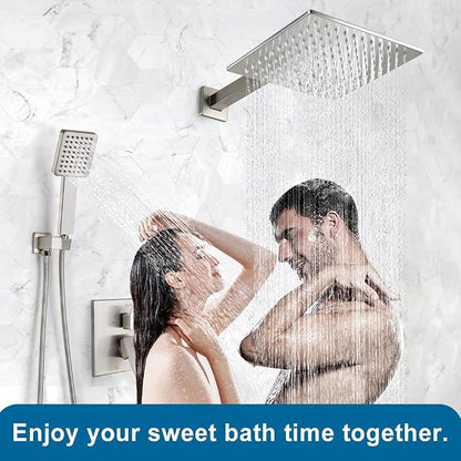Shower Faucet Set Brushed Nickel Rainfall 10 Inch Shower Head and Handle Set Bathroom Rain Shower System Wall Mounted Shower Fixture Include Shower Valve and Trim Kit