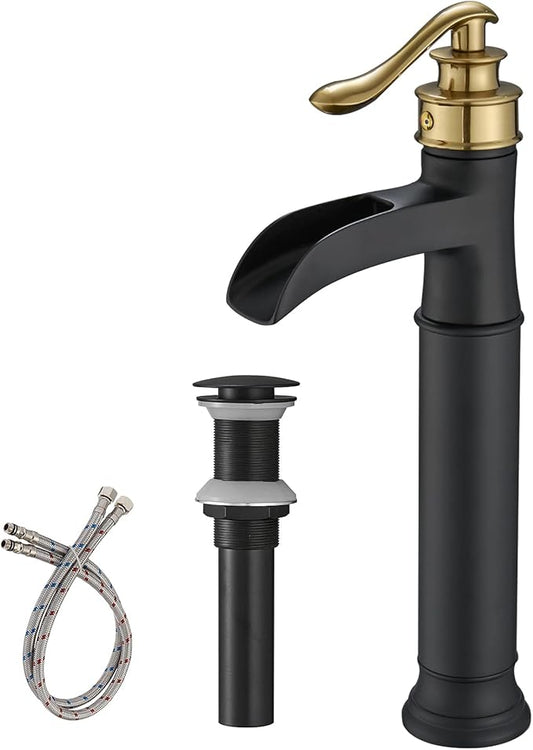 BWE Waterfall Vessel Sink Faucet Black and Gold Bathroom Faucet 1 Hole Single Handle Tall Bathroom Faucet with Pop Up Drain Assembly and Supply Lines Lavatory Vanity Bath Mixer Tap