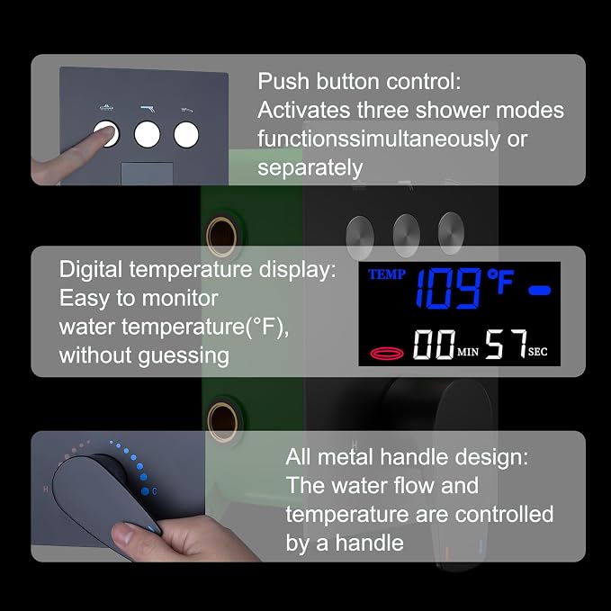 Full Body Shower System Matte Black Shower Faucet Set with 2 Rain Shower Head(12+8"), Handheld Shower, with Temperature Digital Display