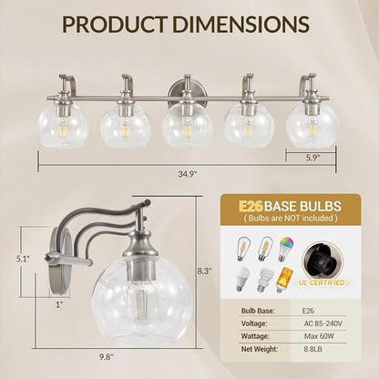 5-Light Brushed Nickel Bathroom Light Fixture, 35" Large Wall Sconce, Glass Globe Design, Perfect for Large Bathrooms, Double Vanities, Elegant Linear Design