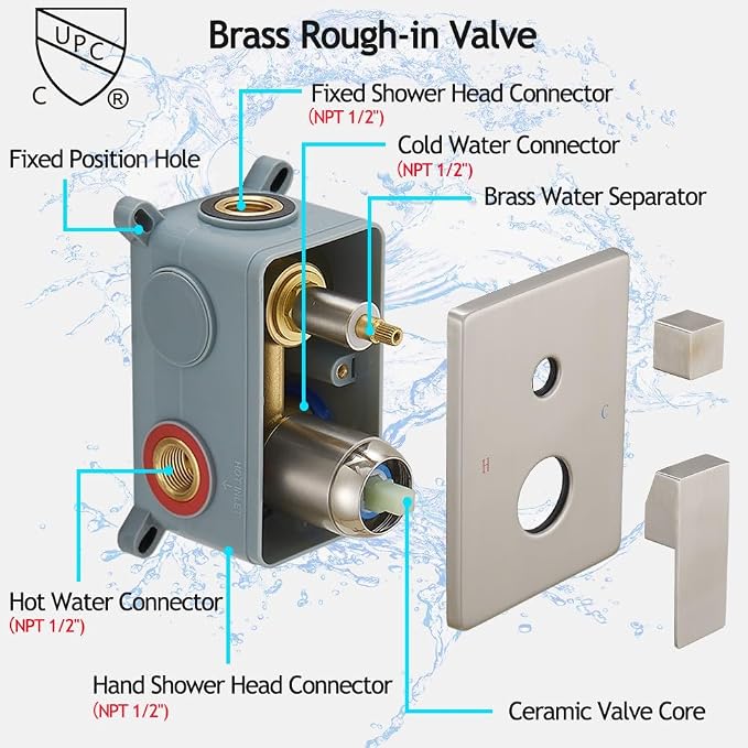 Brushed Nickel Shower System, 8 Inch High Pressure Rain Shower with Handheld, Wall Mount Shower Faucet Set for Bathroom, Rough-in Valve Body and Trim Included