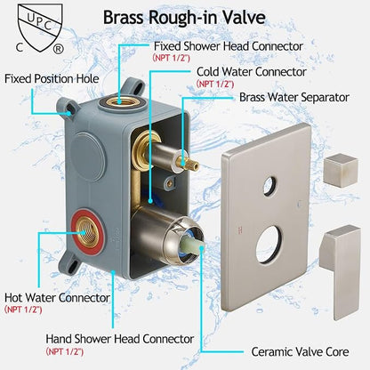 Brushed Nickel Shower System, 8 Inch High Pressure Rain Shower with Handheld, Wall Mount Shower Faucet Set for Bathroom, Rough-in Valve Body and Trim Included
