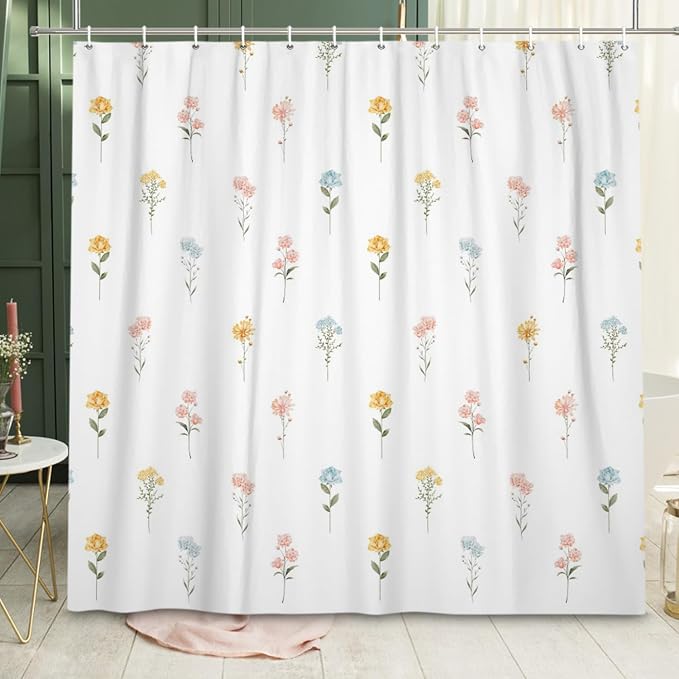 Floral Shower Curtain, Wildflower Botanical Plant Leaves Cute Flower Spring Herbs Elegant Waterproof Fabric Machine Washable for Bathroom Bathtub with Hooks 60Wx72H