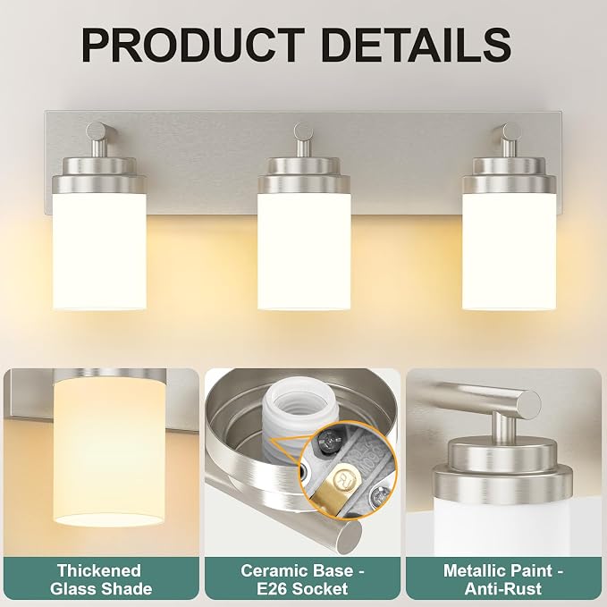 IZORRO Bathroom Vanity Light Fixture, 3-Light 22 Inch Brushed Nickel Bathroom Light Fixtures Over Mirror, with White Glass Shade, Modern Farmhouse Vanity Lights, Rustic Restroom Lighting Fixtures