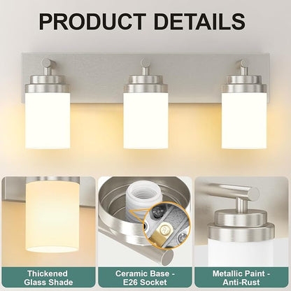 IZORRO Bathroom Vanity Light Fixture, 3-Light 22 Inch Brushed Nickel Bathroom Light Fixtures Over Mirror, with White Glass Shade, Modern Farmhouse Vanity Lights, Rustic Restroom Lighting Fixtures