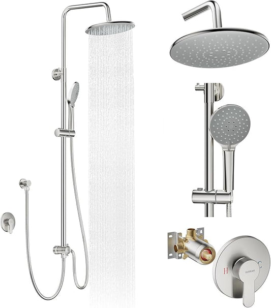 Hurran Shower System with 10 Inch Rain Shower Head and Handheld Sprayer, 3-Function Wall Mounted Bathroom Shower Faucet Set Height Adjustable Holder, Shower Trim Kit Valve Included, Brushed Nickel
