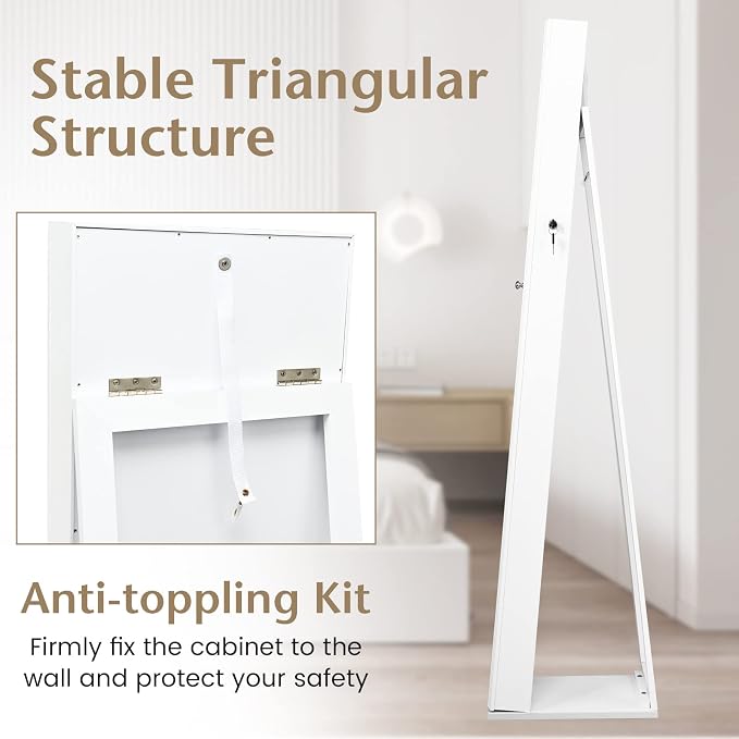 COSTWAY Standing Jewelry Cabinet, Large Capacity Jewelry Organizer w/Full-Length Mirror & Rear Storage Shelves, Lockable Mirror Jewelry Armoire with Keys for Girls Women (White)