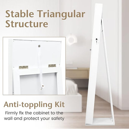 COSTWAY Standing Jewelry Cabinet, Large Capacity Jewelry Organizer w/Full-Length Mirror & Rear Storage Shelves, Lockable Mirror Jewelry Armoire with Keys for Girls Women (White)