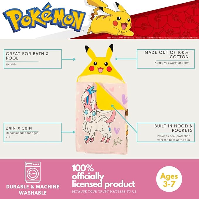 Pokemon Girl Anime Kids Super Soft Bath/Pool/Beach Soft Cotton Terry Hooded Towel Wrap, 24 in x 50 in, (Officially Licensed Product) By Franco