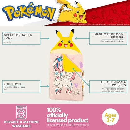 Pokemon Girl Anime Kids Super Soft Bath/Pool/Beach Soft Cotton Terry Hooded Towel Wrap, 24 in x 50 in, (Officially Licensed Product) By Franco