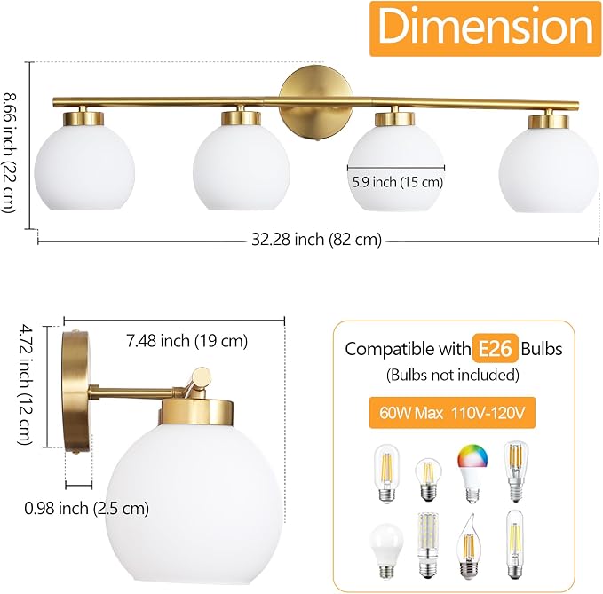 4 Light Bathroom Vanity Light, Gold Bathroom Light Fixtures Over Mirror, Mid Century Modern Wall Light with Frosted Globe Glass Shades, 32 inch Brass Vanity Lights, E26 Socket