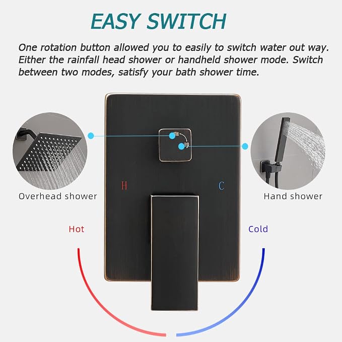 Oil Rubbed Bronze Shower System with 8'' Rainfall Shower Head, Handheld Shower head, Bathroom Luxury Rain Mixer Shower Combo Set Wall Mounted Shower Faucet Rough-in Valve and Trim Kit