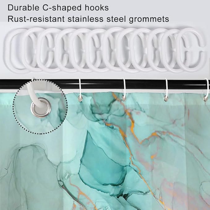 Turquoise Shower Curtain, Modern Teal Marble Shower Curtain for Bathroom Aesthetic Ink Texture Waterproof Shower Curtain Set with Hooks, 48x72 Inch