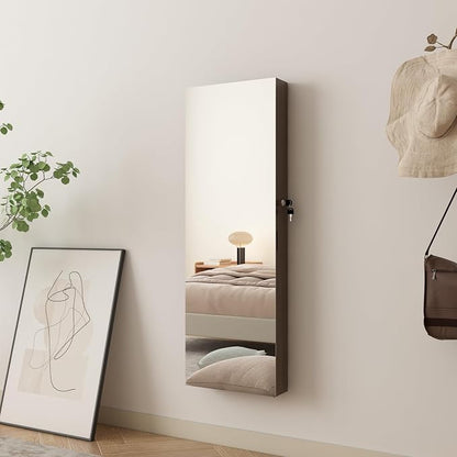LED Jewelry Cabinet Armoire Organizer,Wall/Door Mount Jewelry Organizer and Storage with Full-Length Mirror Hanging Jewelry Organizer Full Length Mirror with Storage Large Capacity Brown