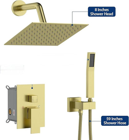 Lordear Rain Shower System Wall Mounted Shower Faucet Set with 8 Inch Stainless Steel Shower Head Handle Set and Solid Brass Valve, Brushed Gold Finish