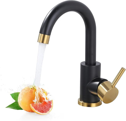 Modern Bar Sink Faucet: Single-Handle Black and Gold Bathroom Kitchen Sink Faucet, 1 Hole Wet Bar Sink Faucets with 360°Swivel Spout for bar RV Laundry Farmhouse