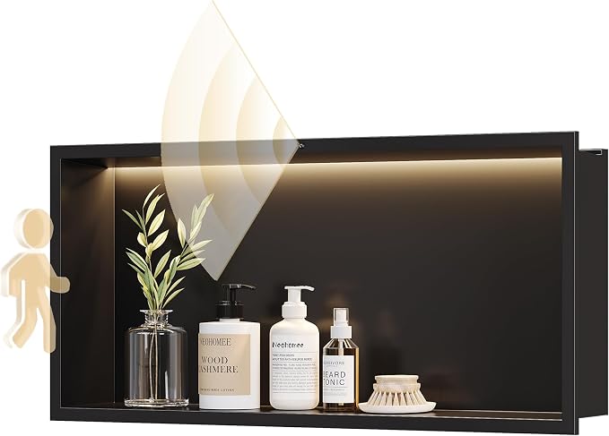 Smart Body Sensor Shower Niche, Black 24"x12" | Recessed Wall Niche with White 3000K LED Light , Waterproof &Rustproof, 304 Stainless Steel Bathroom Cabinet