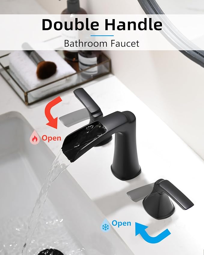 Fapully Black Bathroom Faucet 3 Hole, Waterfall 8 Inch Widespread Bathroom Sink Faucet with Pop-up Drain, Two-Handle Faucet for Bathroom Sink