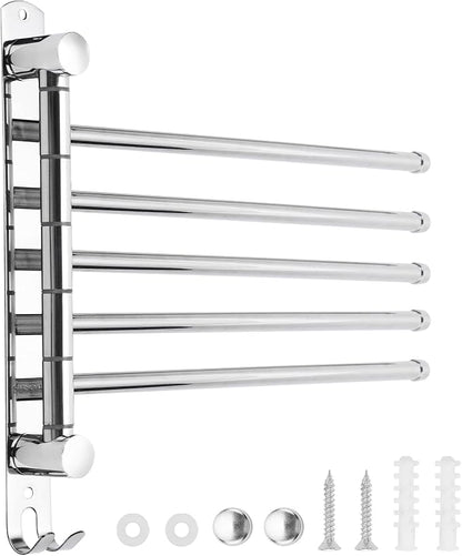 5 Arm Swivel Towel Bar - Heavy Duty SUS304 Stainless Steel Swing Towel Rack for Bathroom, 180° Rotation Wall Mount Towel Holder with Hook, Space-Saving Organizer for Kitchen, Laundry Room