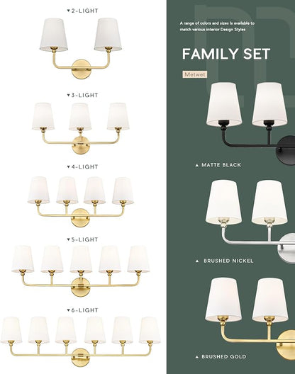 2 Light Bathroom Vanity Light, Brushed Gold Double Wall Sconce with Flared White Fabric Shade, Modern Sconces Wall Lighting for Hallway Bedroom Stairway, VL837-BG | 17" double wall sconce, upward only, E26 base, hardwired, bulbs not included, VL837-BG