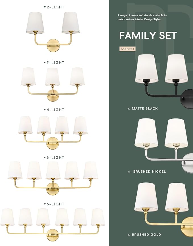 6-Light Brushed Gold Bathroom Vanity Light, White Fabric Shades | Ideal for 48-64" mirrors, 42" bathroom light fixtures over mirror, upward only, E26 base, bulbs not included, VL837-BG-6