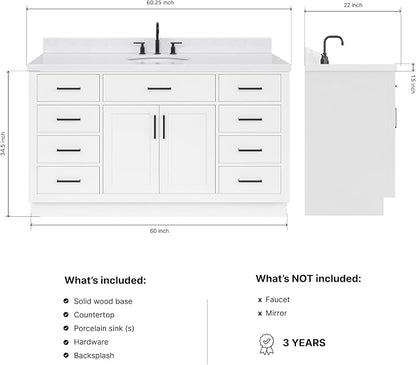 ARIEL Hepburn 60-inch Bathroom Vanity with Sink,Solid Wood, 1.5-inch Carrara White Quartz Countertop & Backsplash, Single Rectangular Porcelain Sink, 2 Soft Closing Doors, 9 Dovetail Drawers, White
