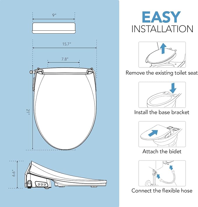 Barumi Bidet [BM-6000], Electric Bidet Toilet Seat, Heated Seat, Warm Water, Position Control, Eco-Mode, Self Cleaning, Remote Control, Night Light