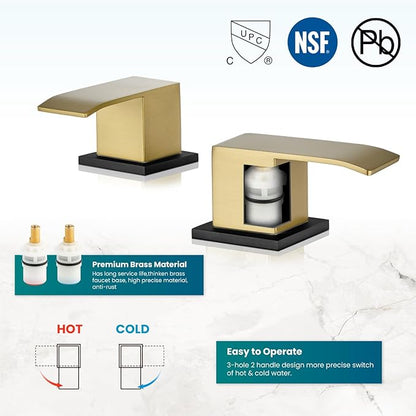 gotonovo Waterfall 8 inch Widespread Bathroom Faucet Set Bathroom Sink Faucet 3 Hole 2 Handle Vanity Lavatory Deck Mount with Pop Up Drain and Water Supply Lines Square Body Gold and Matte Black