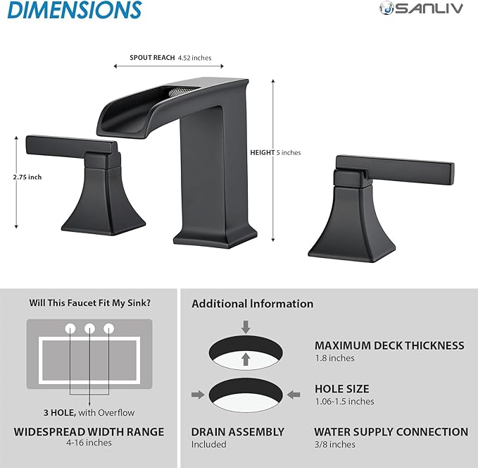 Black Waterfall Bathroom Faucet 3 Hole, Sanliv 8 or 4 Inch Widespread Bathroom Sink Faucets, Modern Vanity Faucet 3 Holes with Pop Up Drain and Supply Lines, ‎Matte Black