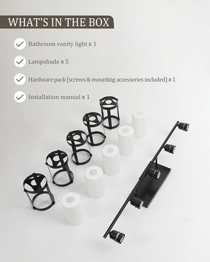 5-Light Matte Black Bathroom Light Fixtures Over Mirror with Frosted Milk Glass and Metal Cage Shade, 38" UL-Listed Modern Farmhouse Wall Sconce for Bath, Hardwire E26, OS-3014BKW-5W