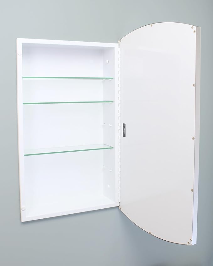 Fox Hollow Furnishings 16x26 Harper Crescent Metal Framed Rectangle Recessed Bathroom Medicine Cabinet, Arced Mirror, 14x24 in-Wall Opening, Adjustable Glass Shelves, Magnet Close, Chrome