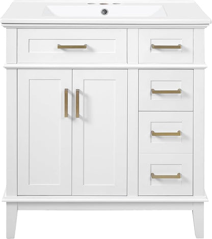 Favfurish 30" Bathroom Vanity with Ceramic Sink, Modern Storage Cabinet with Soft-Close Doors,Deep Drawer & Standard Drawer, Stylish Bath Vanity for Small Bathroom,Easy Assembly,White
