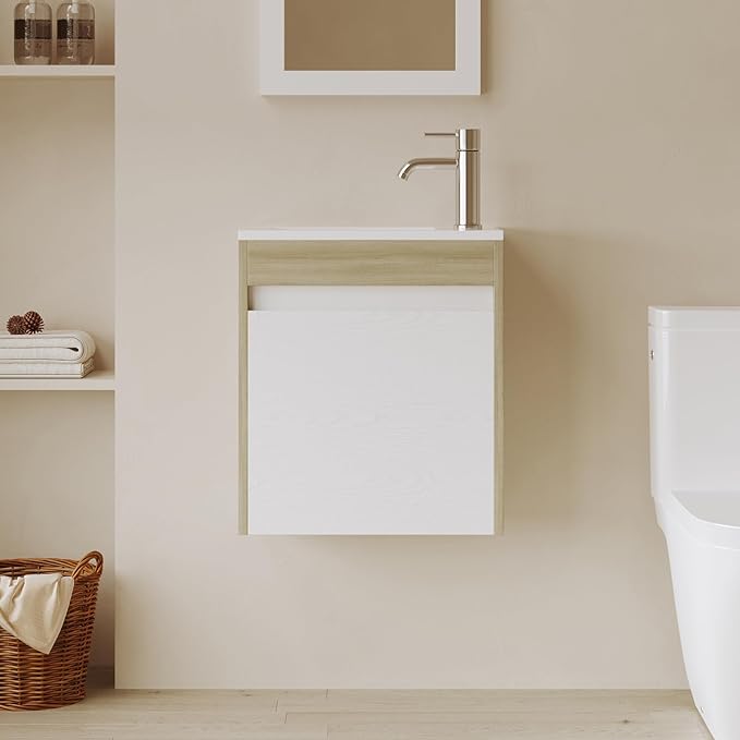 wonline 16” Small Bathroom Vanity Sink Combo for Small Space Wall Mounted Cabinet Set White Resin Basin Sink Top Chrome Faucet