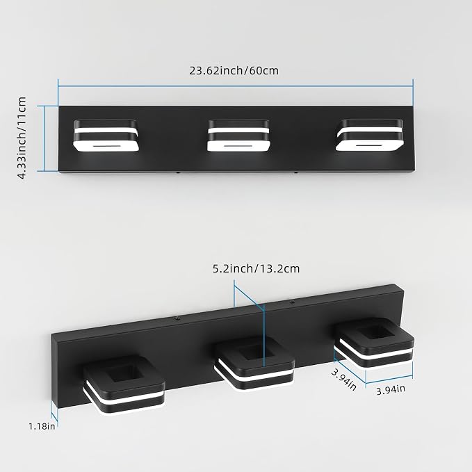 Modern LED Bathroom Vanity Light Dimmable Matte Black 3-Light Fixture 18W 24" Wall Light Day Light 5500K 110V AC