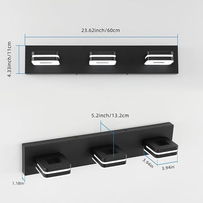 Modern LED Bathroom Vanity Light Dimmable Matte Black 3-Light Fixture 18W 24" Wall Light Day Light 5500K 110V AC