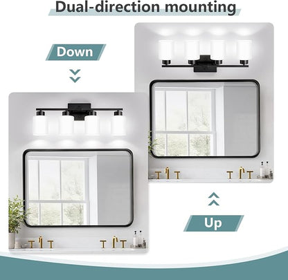 Black Bathroom Light Fixtures, 4-Light Modern Vanity Lights with Milky White Frosted Glass Shades, Wall Sconces for Mirror, Bathroom, Restroom (E26 Socket)
