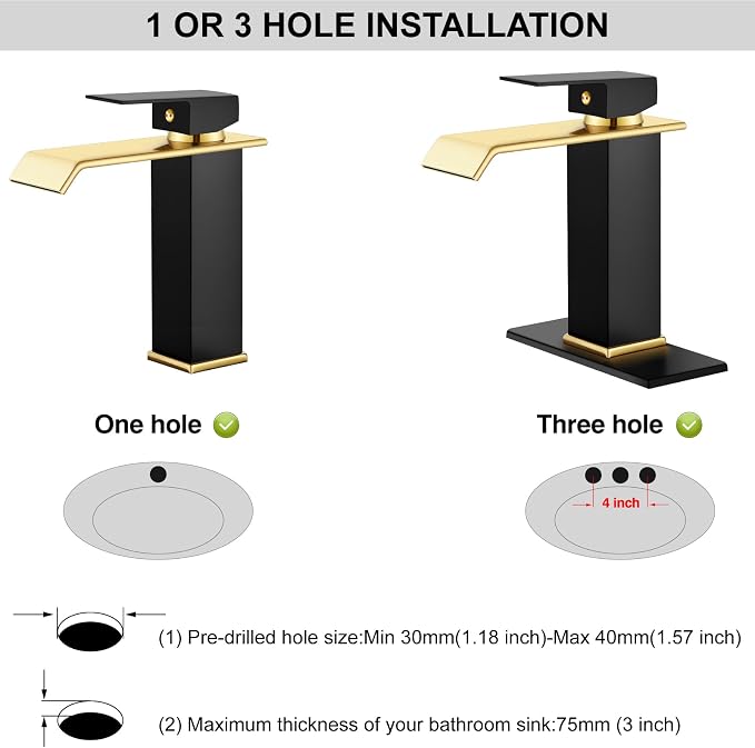 Midanya Waterfall Bathroom Sink Faucet 1 Hole,Matte Black and Shiny Gold | with cUPC Hoses,Pop Up Drain,Deck Plate,for 1 or 3 hole sink,Vanity,RV,Lavatory,Basin,Farmhouse,Stainless Steel,Single Handle